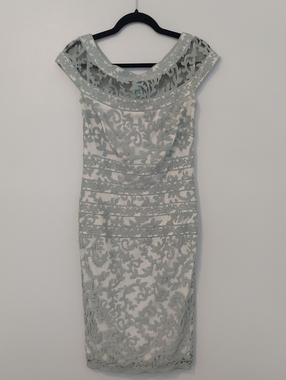 Tadashi Shoji Mint Green Embroidered Lace Midi Sheath Dress Size 4